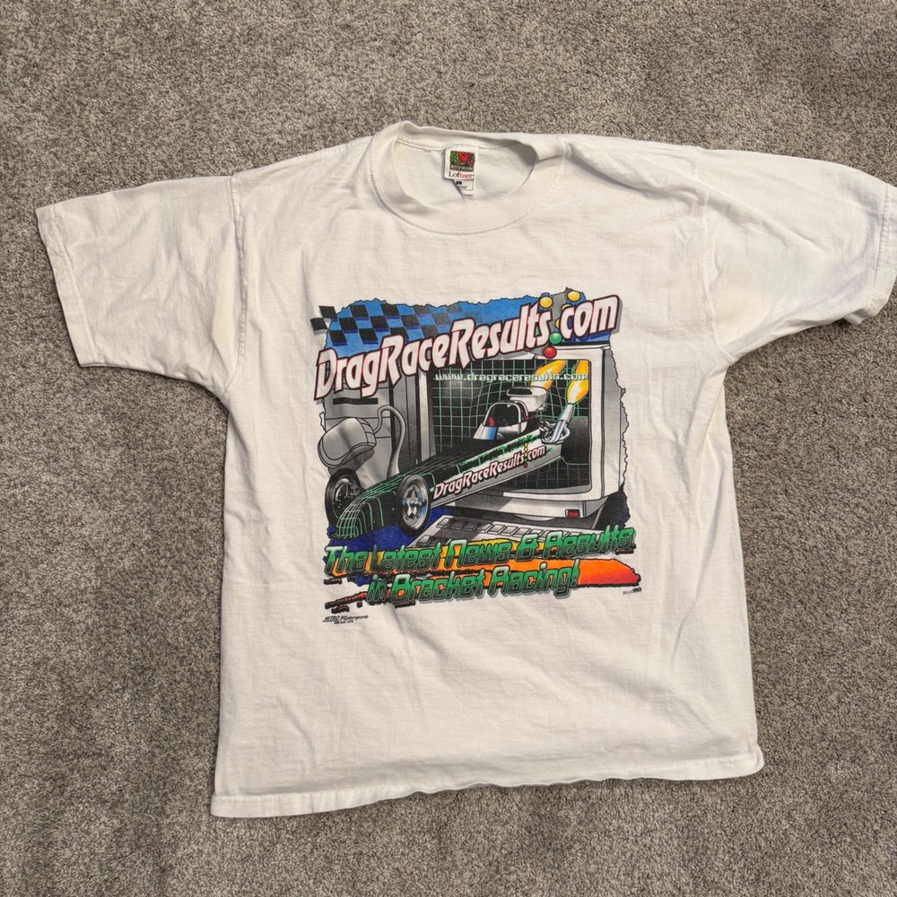 Vintage DragRaceResults.com T-Shirt White Mens Large Racing Tee Drag Racing